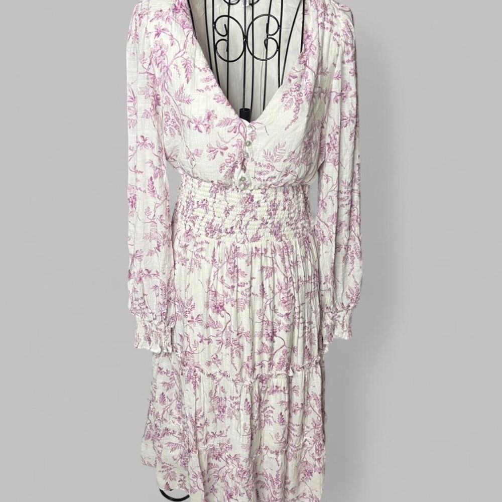 Lucy Paris Floral Smocked Midi Dress Medium M Long Sleeve Tiered V-Neck Pink